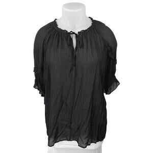 DR2 Women's Black Short Sleeve Ruffle Tie Neck Peasant Sheer Blouse Top Size 2X